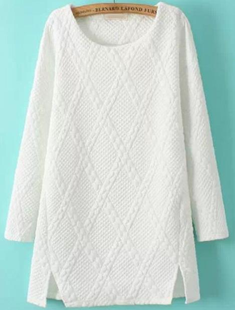 Romwe White Round Neck Long Sleeve Pattern Split Dress