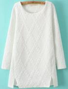 Romwe White Round Neck Long Sleeve Pattern Split Dress