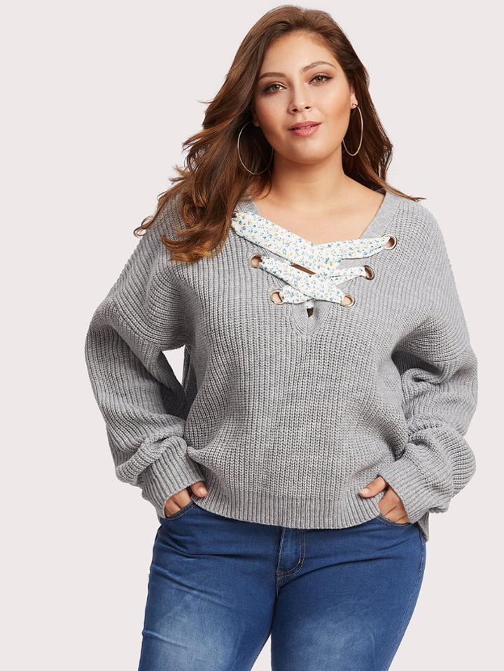 Romwe Grommet Crisscross Front Drop Shoulder Jumper