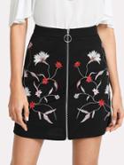Romwe Botanical Embroidery Zipper Up Skirt