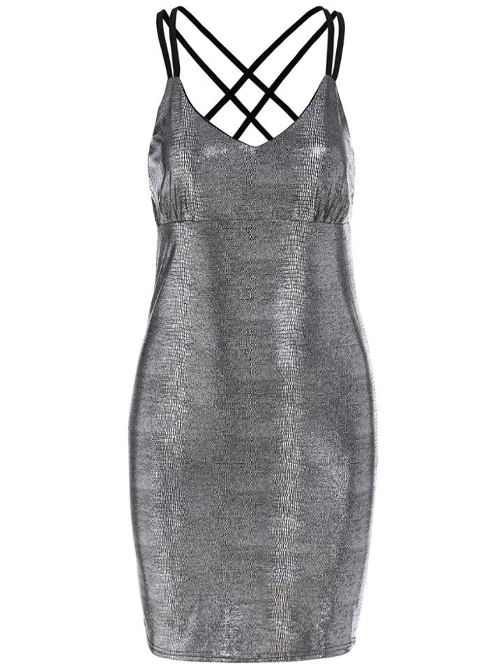 Romwe Back Criss Cross Bodycon Silver Dress