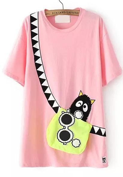 Romwe With Pocket Cartoon Print Pink T-shirt