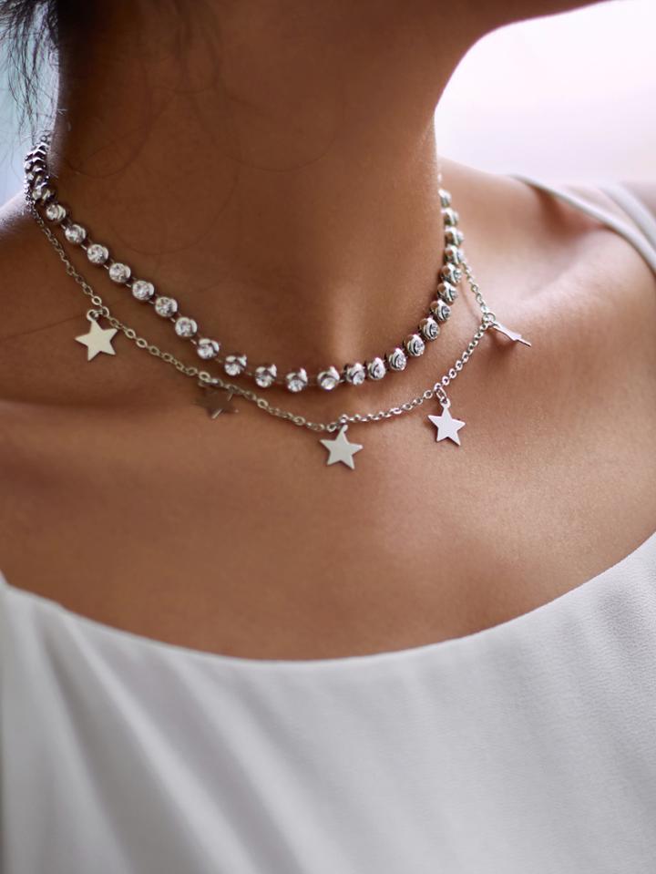 Romwe Star & Rhinestone Layered Chain Necklace