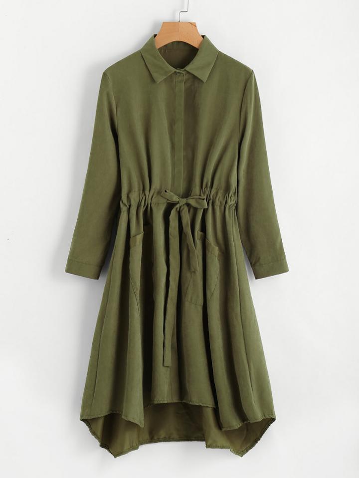 Romwe Drawstring Waist Dual Pocket Asymmetrical Hem Coat