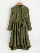 Romwe Drawstring Waist Dual Pocket Asymmetrical Hem Coat