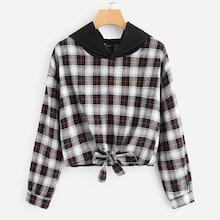 Romwe Knot Hem Plaid Hoodie