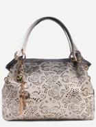 Romwe Contrast Laser Cutout Printed Bag With Faux Gem Charm