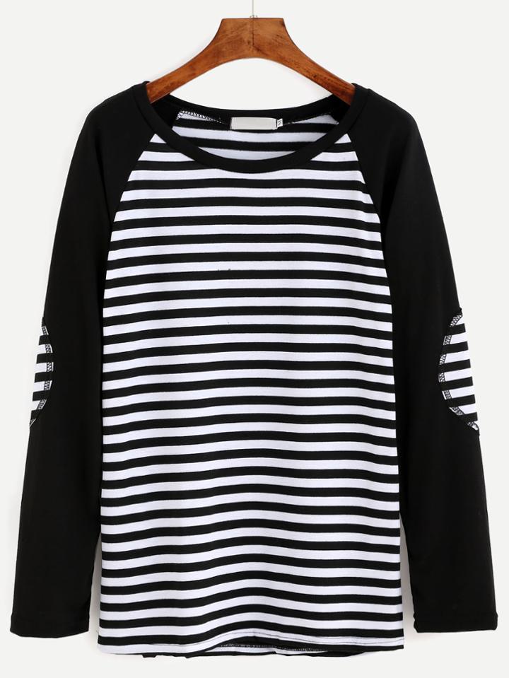 Romwe Contrast Striped Elbow Patch Raglan Sleeve T-shirt