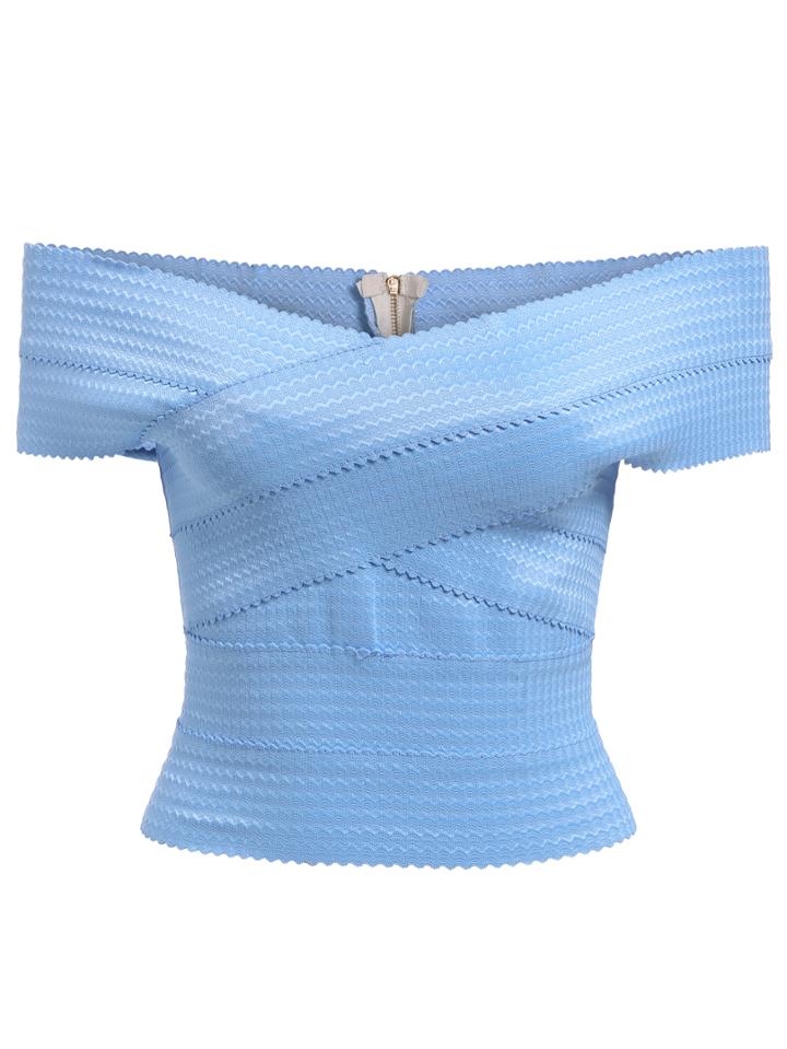 Romwe Off-shoulder Striped Crop Blue Top