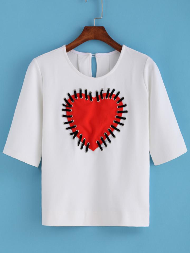 Romwe Heart Patch White T-shirt