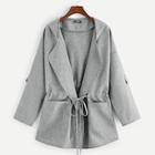 Romwe Plus Pocket Patched Drawstring Waist Hooded Coat