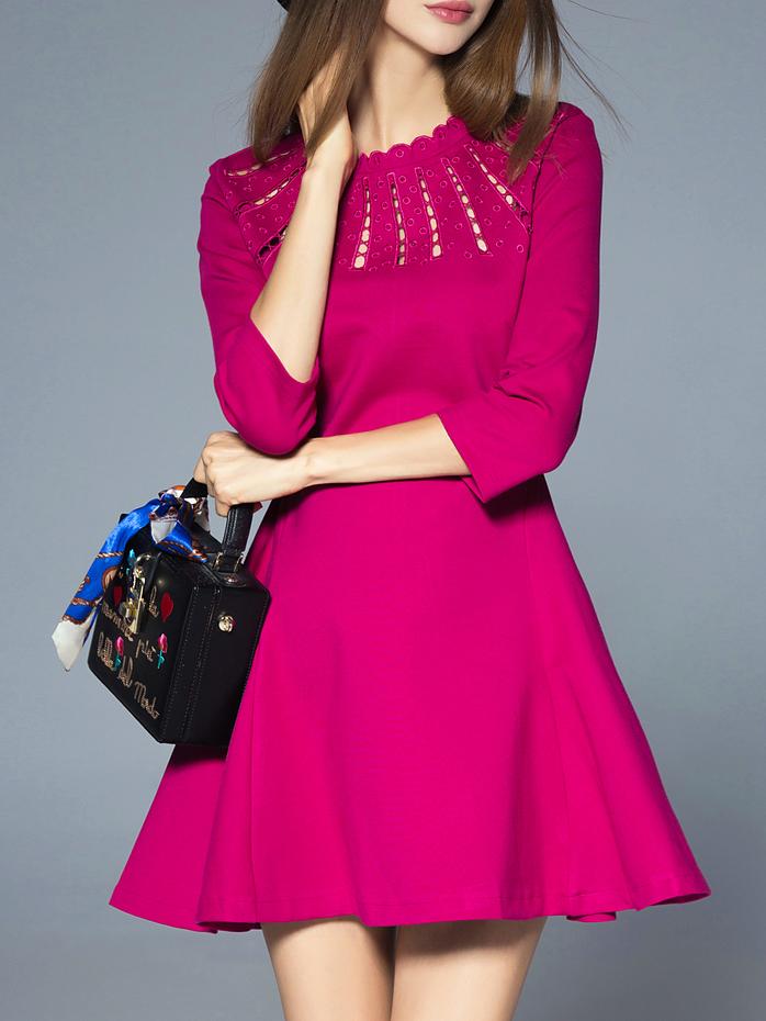 Romwe Hot Pink Crew Neck Mesh A-line Dress
