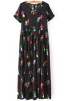 Romwe Black Short Sleeve Floral Pleated Maxi Dress