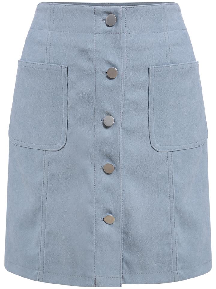 Romwe Single Breasted Pockets Suede Blue Skirt