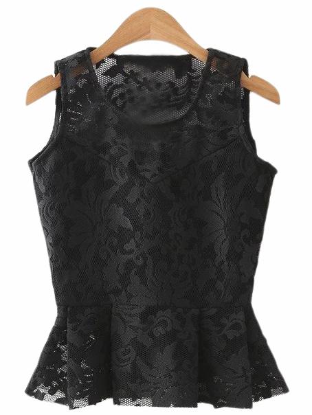 Romwe Black Sleeveless Slim Lace Blouse
