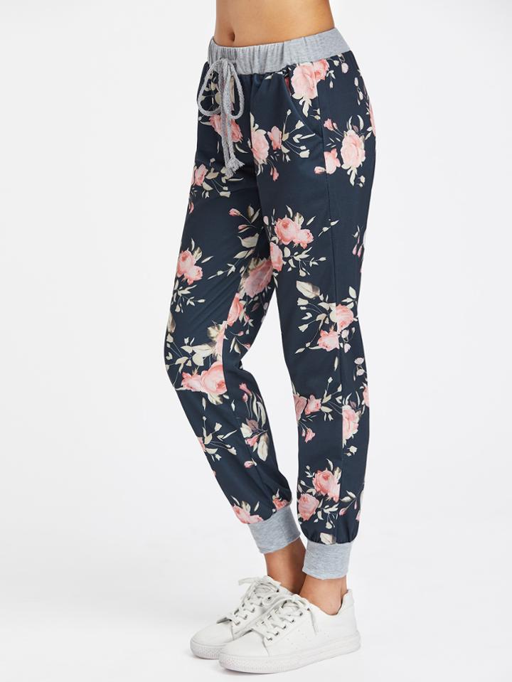 Romwe Floral Print Drawstring Pants