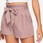 Romwe Solid Belted Paperbag Shorts