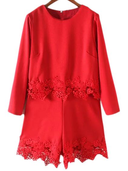 Romwe Red Long Sleeve Zipper Back Lace Romper
