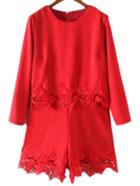 Romwe Red Long Sleeve Zipper Back Lace Romper