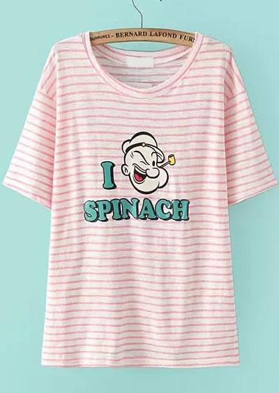 Romwe Cartoon Print Striped Pink T-shirt