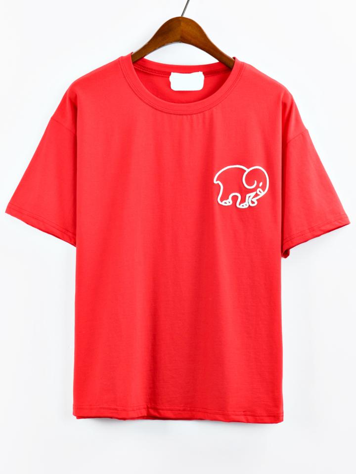 Romwe Elephant Embroidered Drop Shoulder T-shirt - Red
