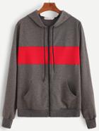 Romwe Grey Pocket Front Zip Up Hooded Sweatshirt