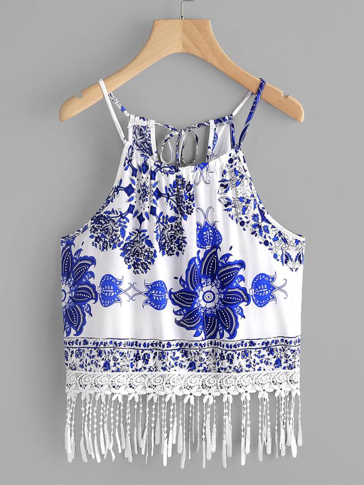 Romwe Printed Random Self Tie Back Lace Hem Cami Top
