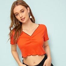 Romwe Piping Trim Ruched V-neck Crop Tee