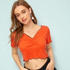 Romwe Piping Trim Ruched V-neck Crop Tee