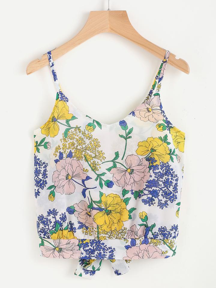 Romwe Floral Print Random Bow Open Back Cami Top