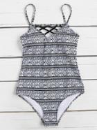 Romwe Geometric Print Caged Detail Swimsuit