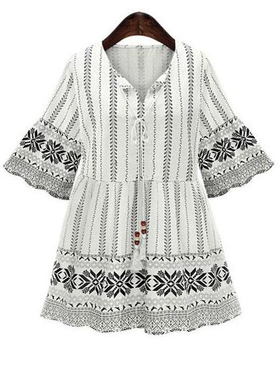 Romwe Black Tribal Print Bell Sleeve Dress With Tassle Tie