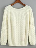 Romwe White Round Neck Cable Knit Sweater
