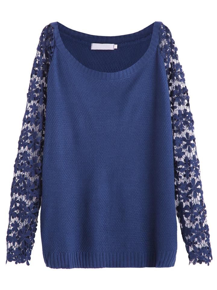 Romwe Blue Contrast Crochet Lace Sleeve Sweater