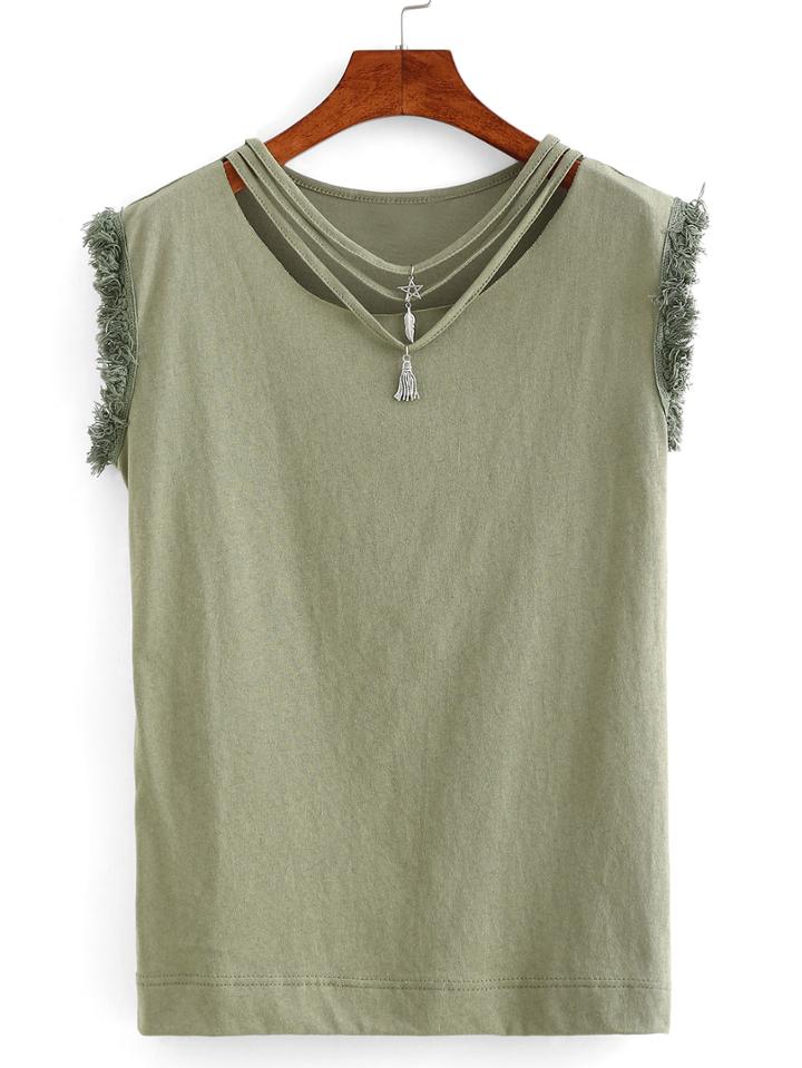 Romwe Strappy Neck Raw Hem Sleeve T-shirt - Olive Green