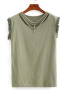 Romwe Strappy Neck Raw Hem Sleeve T-shirt - Olive Green