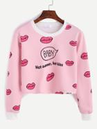 Romwe Pink Contrast Trim Lips Print Crop Sweatshirt