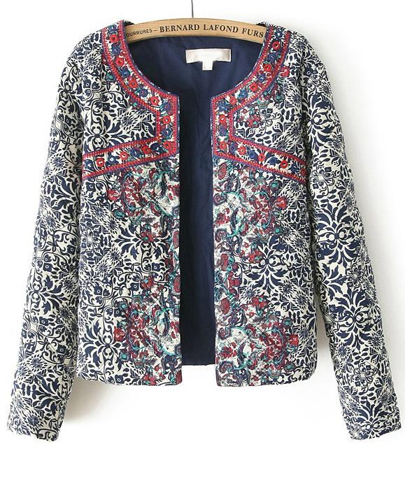 Romwe Embroidered Porcelain Print Jacket