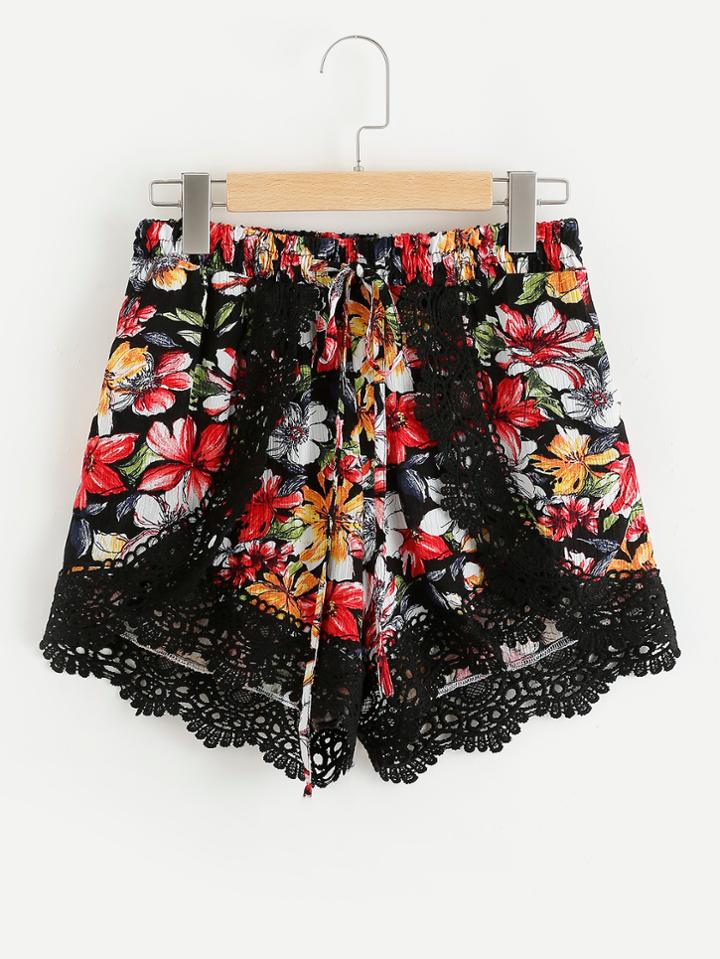 Romwe Contrast Crochet Lace Florals Petal Shorts