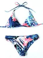 Romwe Blue Floral Print Halter Bikini Set