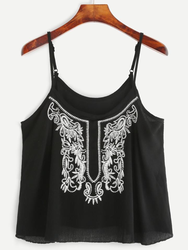 Romwe Black Embroidery Cami Top