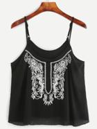Romwe Black Embroidery Cami Top
