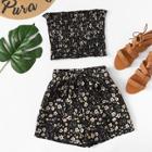 Romwe Frill Trim Floral Tube Top With Shorts
