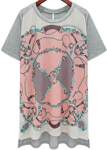 Romwe Dip Hem Magic Chain Print Grey T-shirt