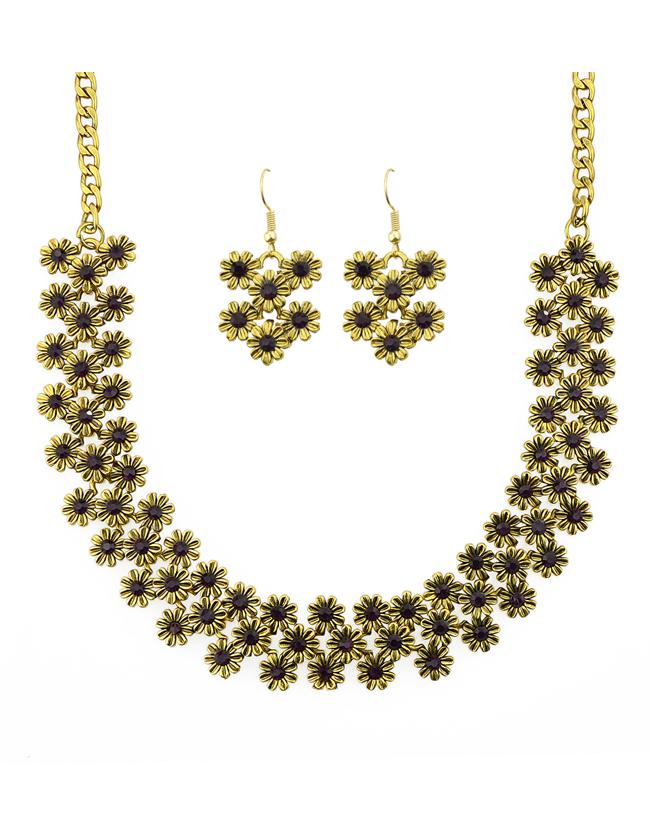 Romwe Purple Enamel Flower Shape Necklace Earrings Set