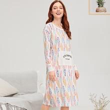 Romwe Feather Print Letter Pocket Night Dress