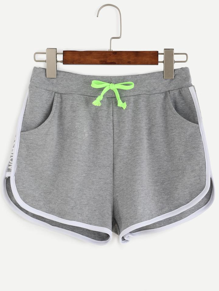 Romwe Grey Letter Print Contrast Trim Drawstring Shorts
