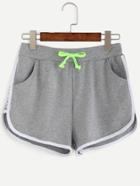 Romwe Grey Letter Print Contrast Trim Drawstring Shorts