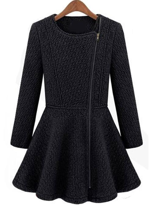 Romwe Zipper Ruffle Woolen Black Coat