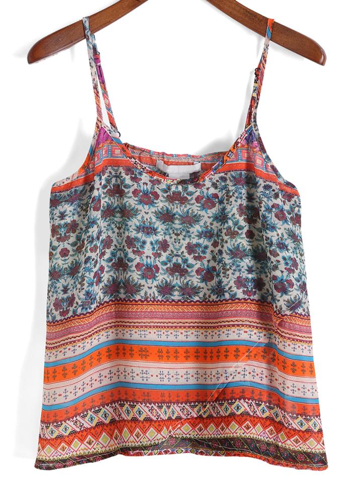 Romwe Spaghetti Strap Dip Hem Flower Print Cami Top